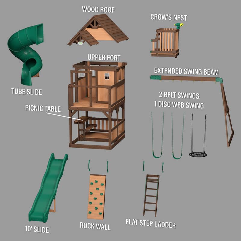 Backyard Discovery Skyfort II Cedar Wood Swing Set, Spiral Tube Slide - 19'5" x 16'9"