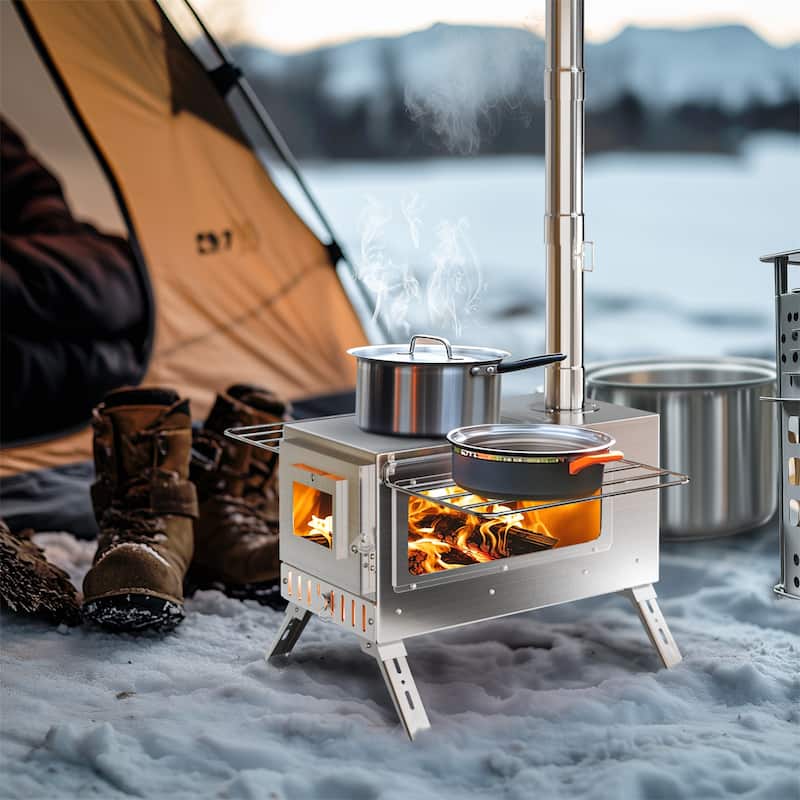 Portable Camping Tent Stove Stainless Steel Outdoor Cooking Heater Log Burner Wood Burning