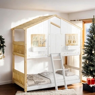 Twin over Twin House Bunk Bed with Roof, Window Box and Door, Natural+White