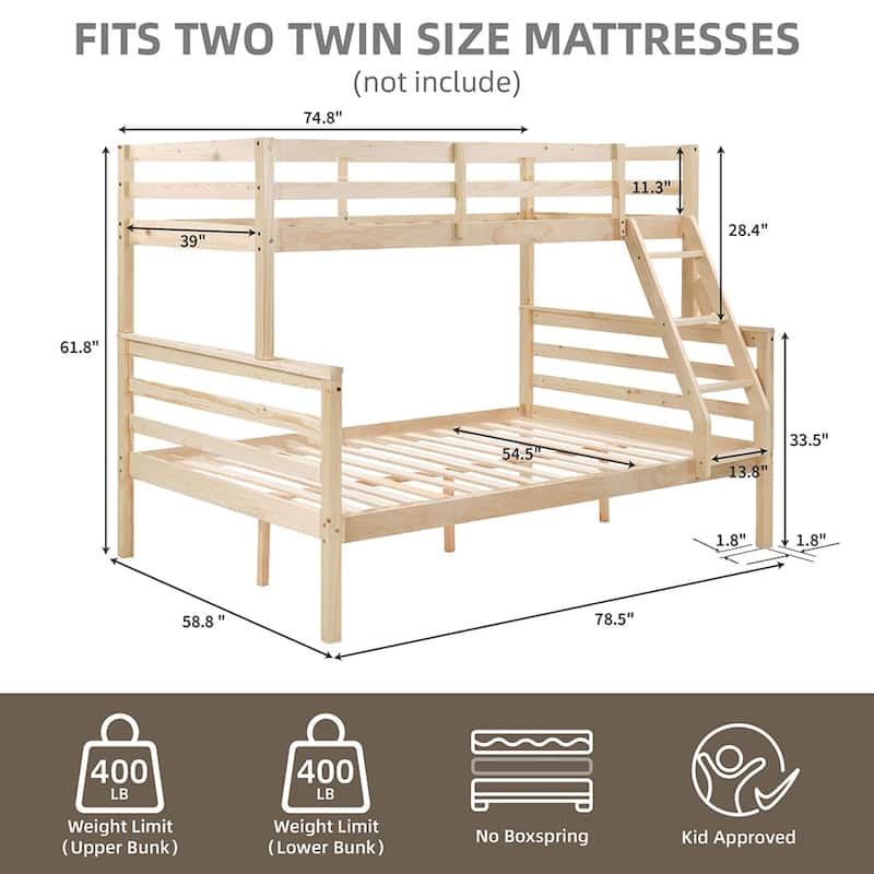Twin Over Full Bunk Bed,Solid Wood Frame,High Guardrail,Safe for Kids