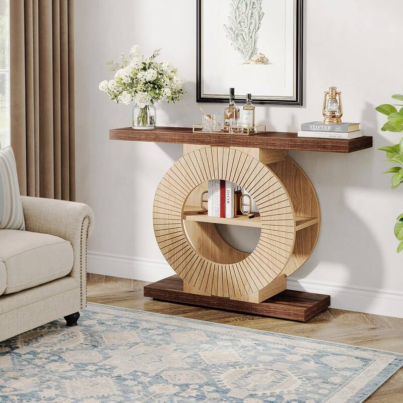 Farmhouse Console Table Wood Entry Table with Storage Shelves for Living Room