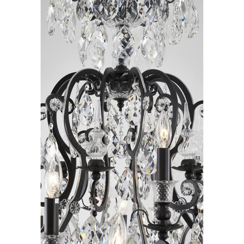 24-Light Matte Black Chandelier With Clear Hanging Crystals