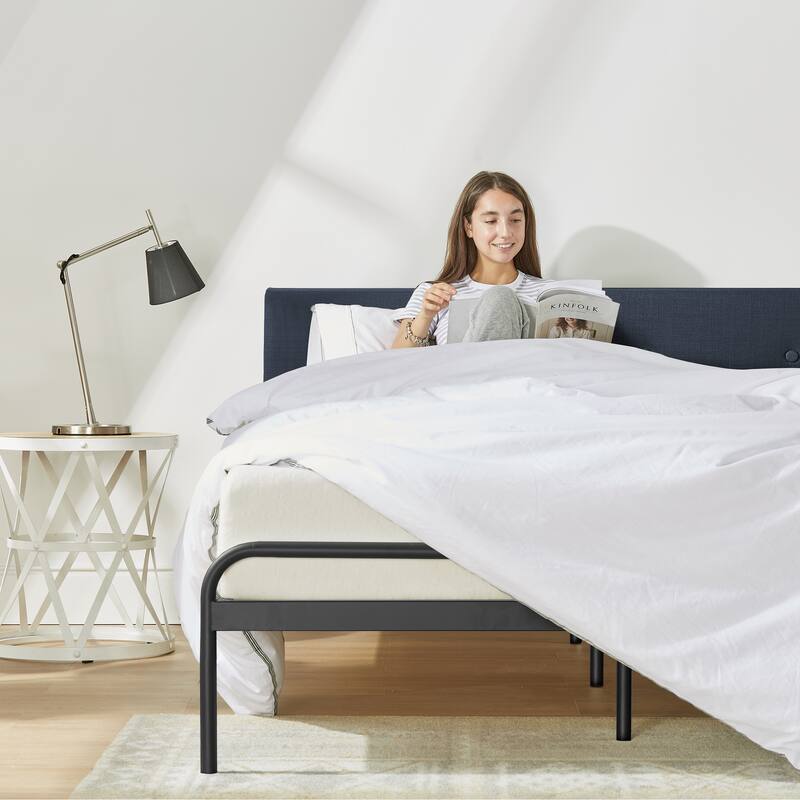 Maggie Navy Metal Platform Bed with Upholstered Cushioned Headboard By Crown Comfort - Full