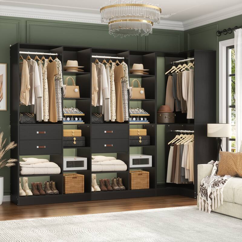 Set of 3 Corner Closet System with Tower Shelves, Closet Organizer with Drawers and Hanging Rods
