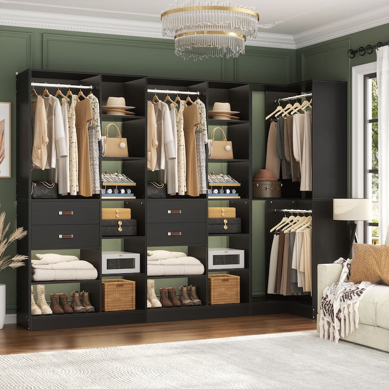 Set of 3 Corner Closet System with Tower Shelves, Closet Organizer with Drawers and Hanging Rods - Black