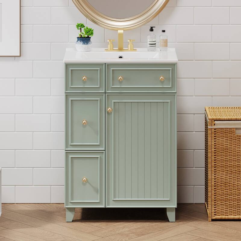 24" Single Sink Bathroom Vanity Cabinet with Ceramic Top - Green