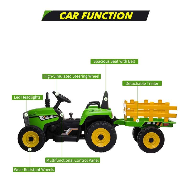 12V Kids Ride on Tractor，Battery Powered Electric Tractor with Trailer