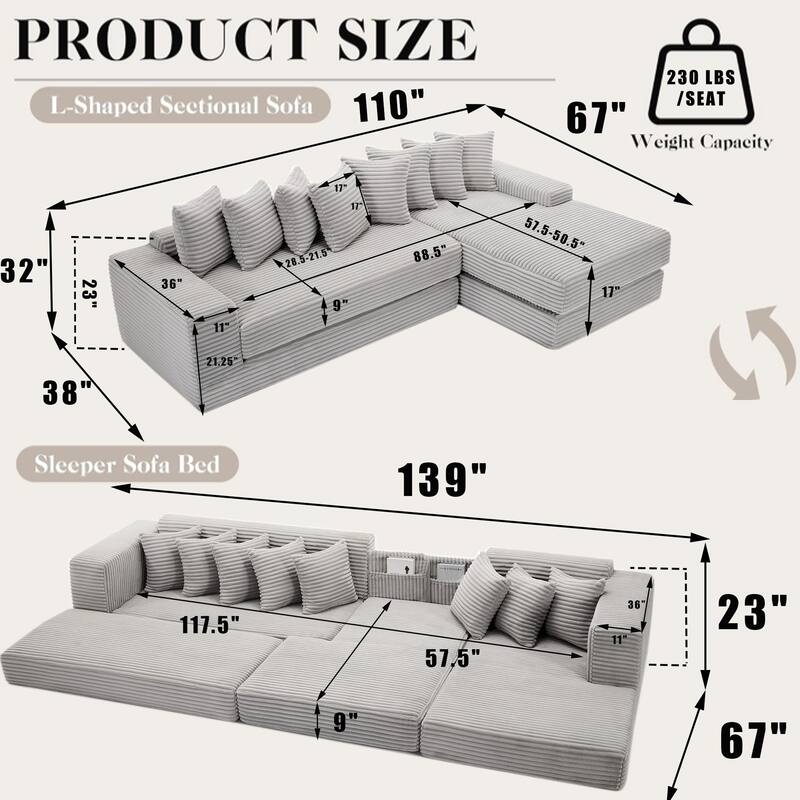 Corduroy L-shaped Chaise Sectional Sofa Convertible Sleeper Sofa Bed