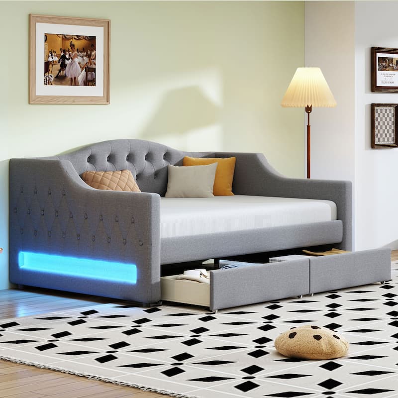 Gray Twin XL Upholstered Daybed with LED Lights and 2 Storage Drawers