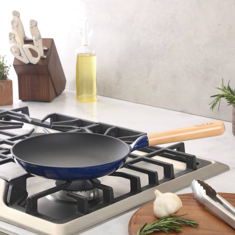Sur La Table Kitchen Essential 9.5 Inch Pre-Seasoned Cast Iron Skillet with Wood Handle Natural Nonstick Lightweight Cast Iron