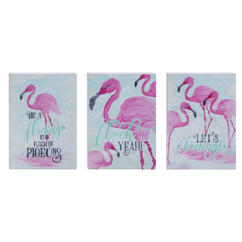 Transpac MDF Flamingo Funny Block Decor Set of 3 Spring Home Decorations