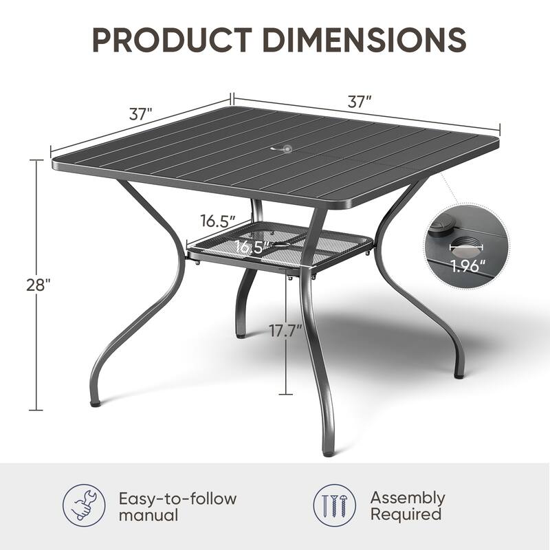 Komodo 37-Inch Outdoor Metal Square Dining Table, Powder-Coated with Umbrella Hole