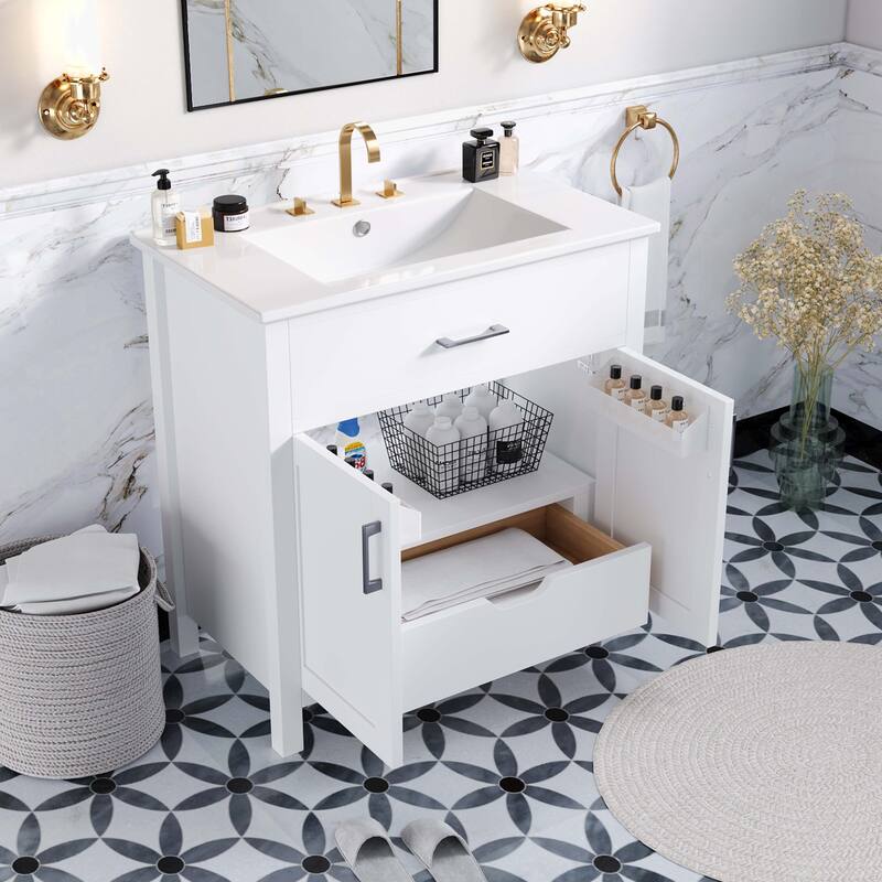 30-Inch Bathroom Vanity with Ceramic Sink - White