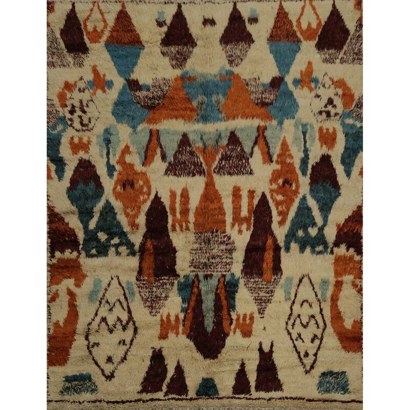 Hand Knotted Oriental 100% Wool Carpet Modern Tribal Beige & Ivories Moroccan Area Rug - 9' 2'' X 8' 2''