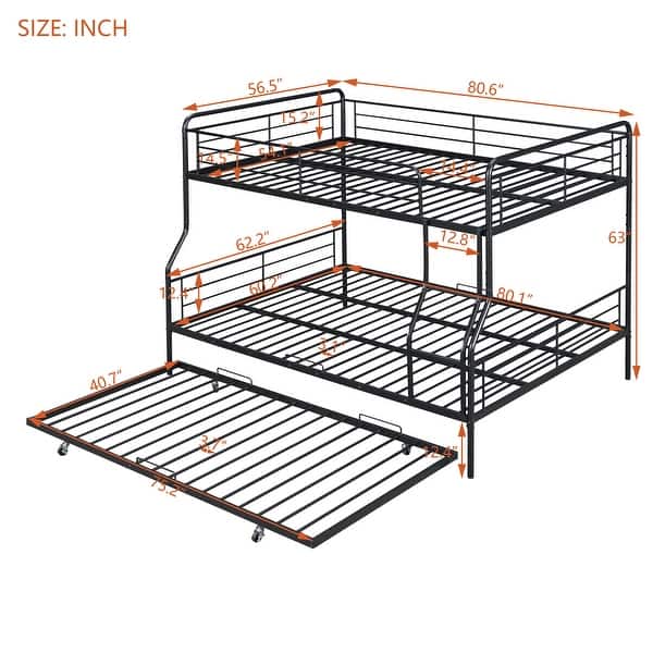 Full XL Over Queen Black Bunk Bed with Ladder, Guardrails, Trundle
