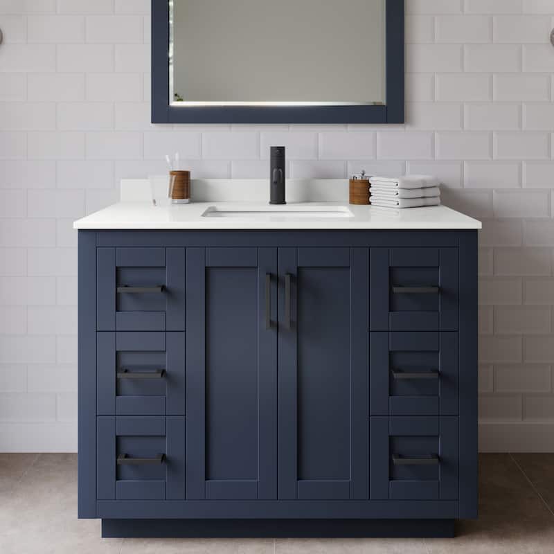 Wyndham Collection WCF292942S-QTZ-UNSM34 Miranda 42" Free Standing - Dark Blue / White Quartz Top / Matte Black