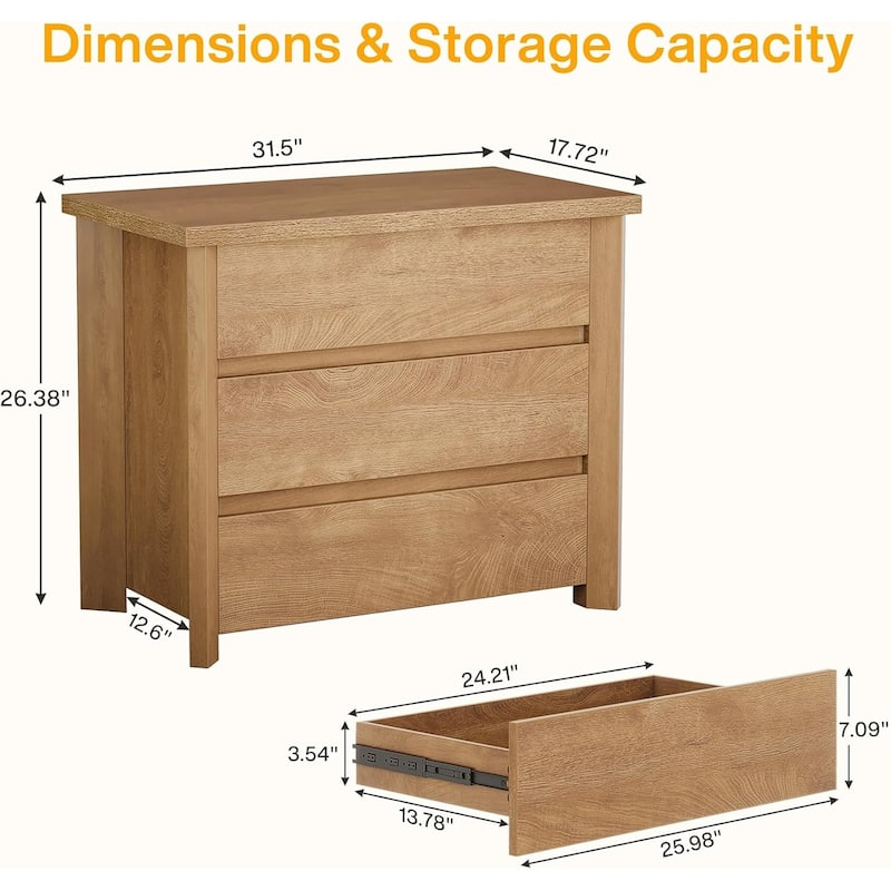 32" Farmhouse Nightstand with 3 Drawers, Large Rustic Brown