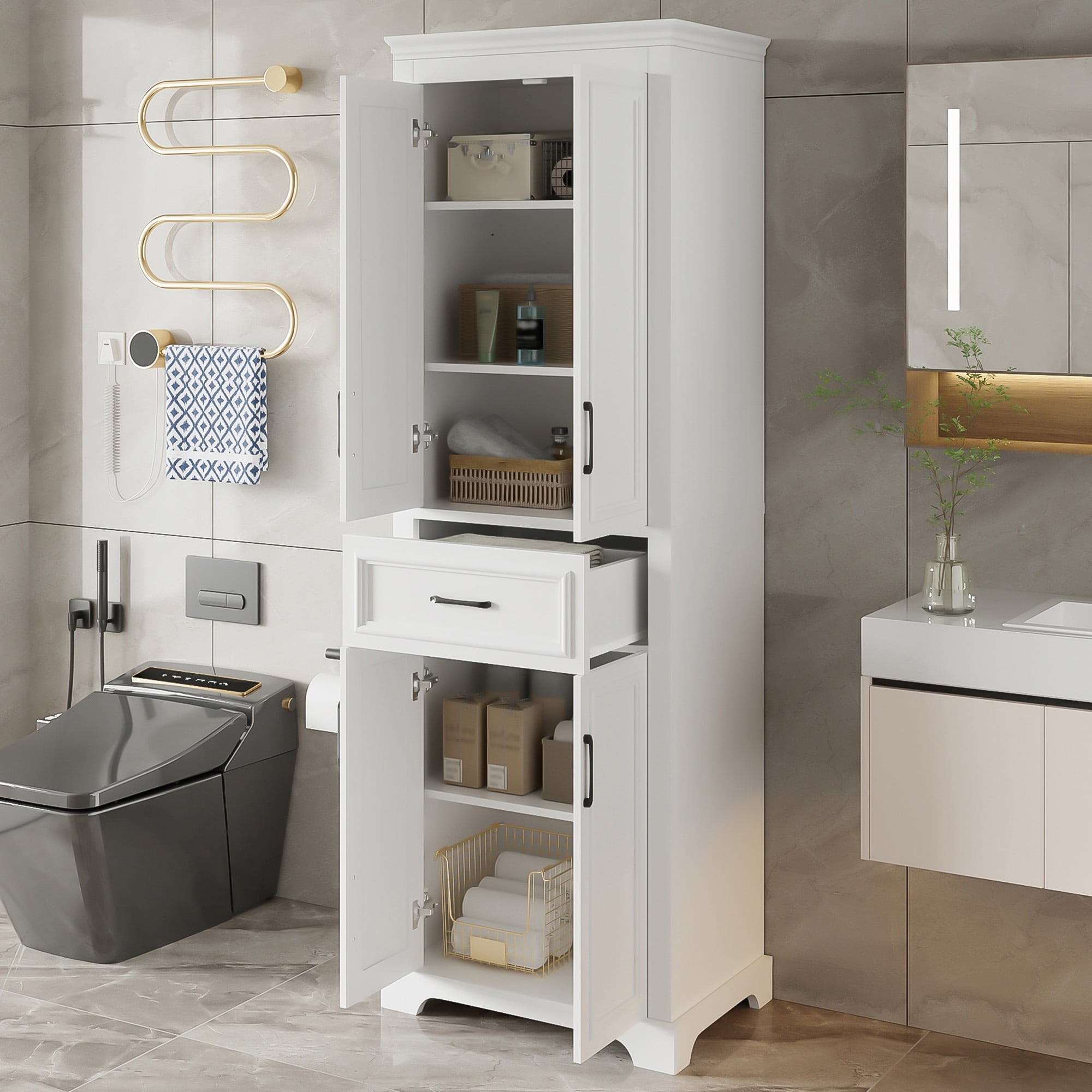 70.8" Modern Bathroom Vanity with 4 Doors & 1 Drawer, Adjustable Shelves & Soft-Close Hinges