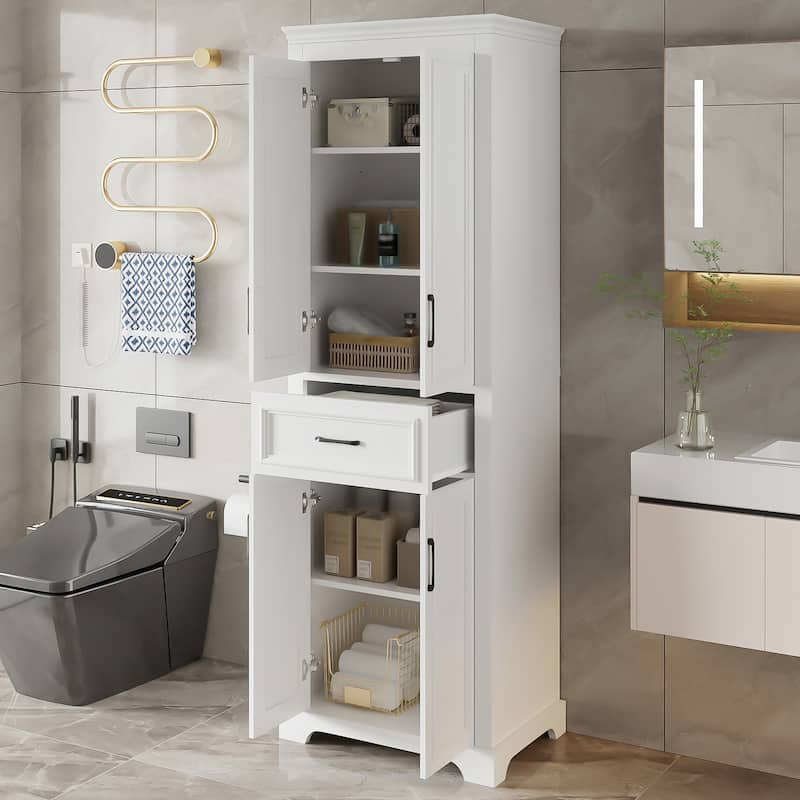 Modern Elegant White Tall Cabinet Freestanding Storage Cabinet for Bathroom with Adjustable Shelves and Damping Hinge Doors