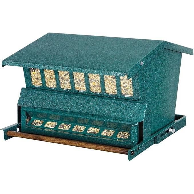 Rugged Green Metal Squirrel-Proof Bird Feeder with Easy-Refill Top and Pole Mount - 12"L x 14.5"W x 9.5"H - Green