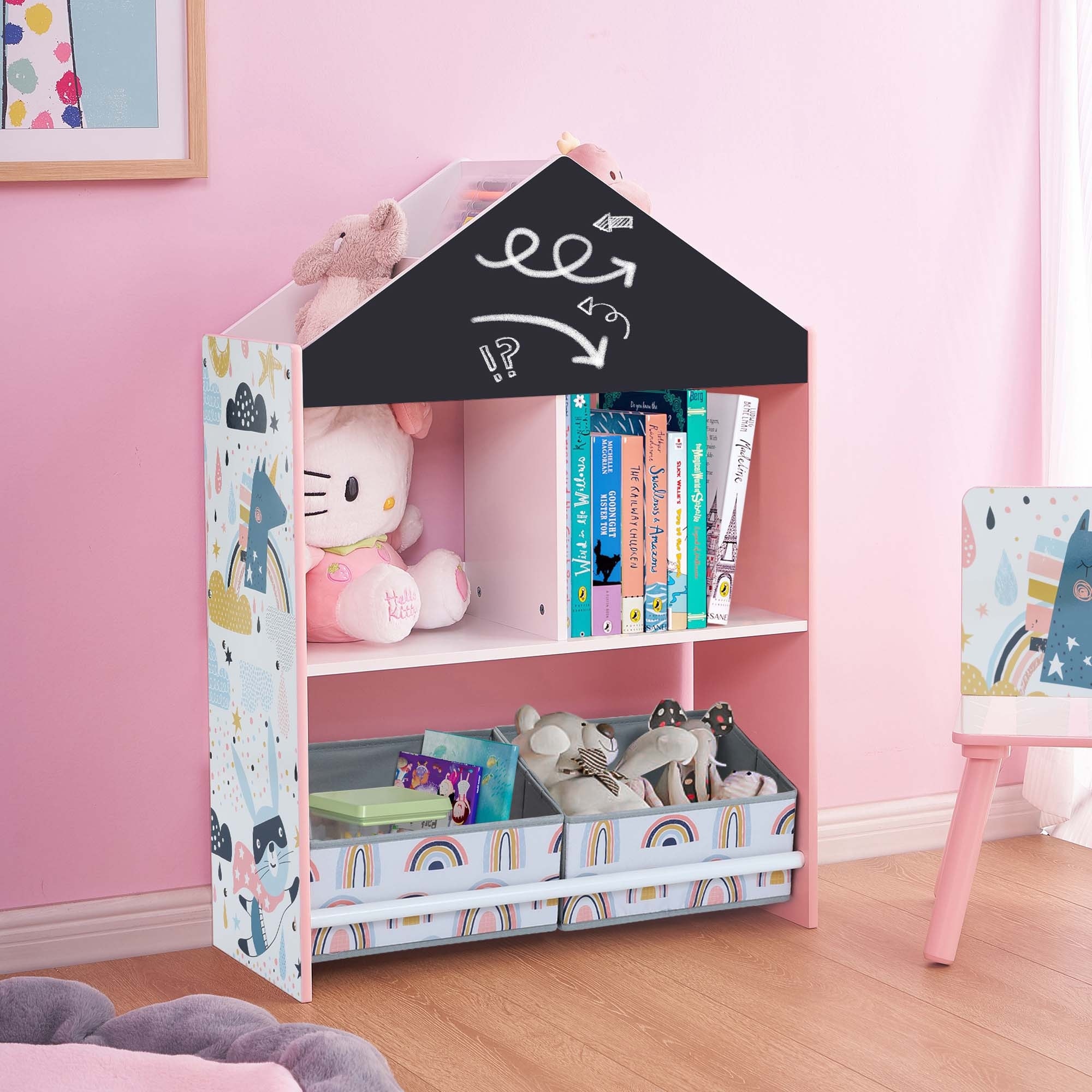 Children's Multi-Functional House Bookcase Toy Storage Bin Floor Cabinet with Blackboard
