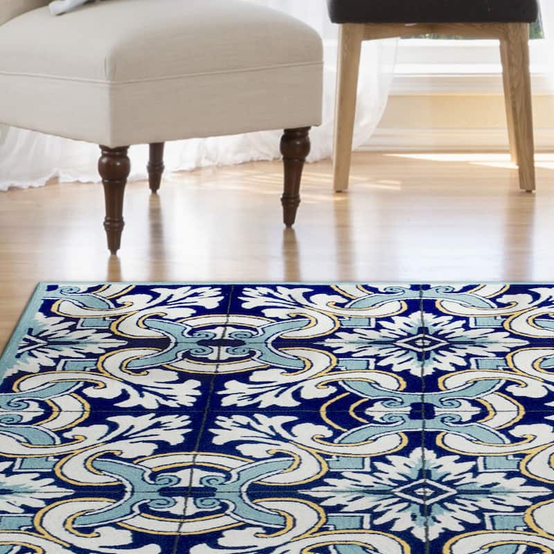 Liora Manne Ravella Floral Tile Indoor/Outdoor Rug Navy 7'6" x 9'6"