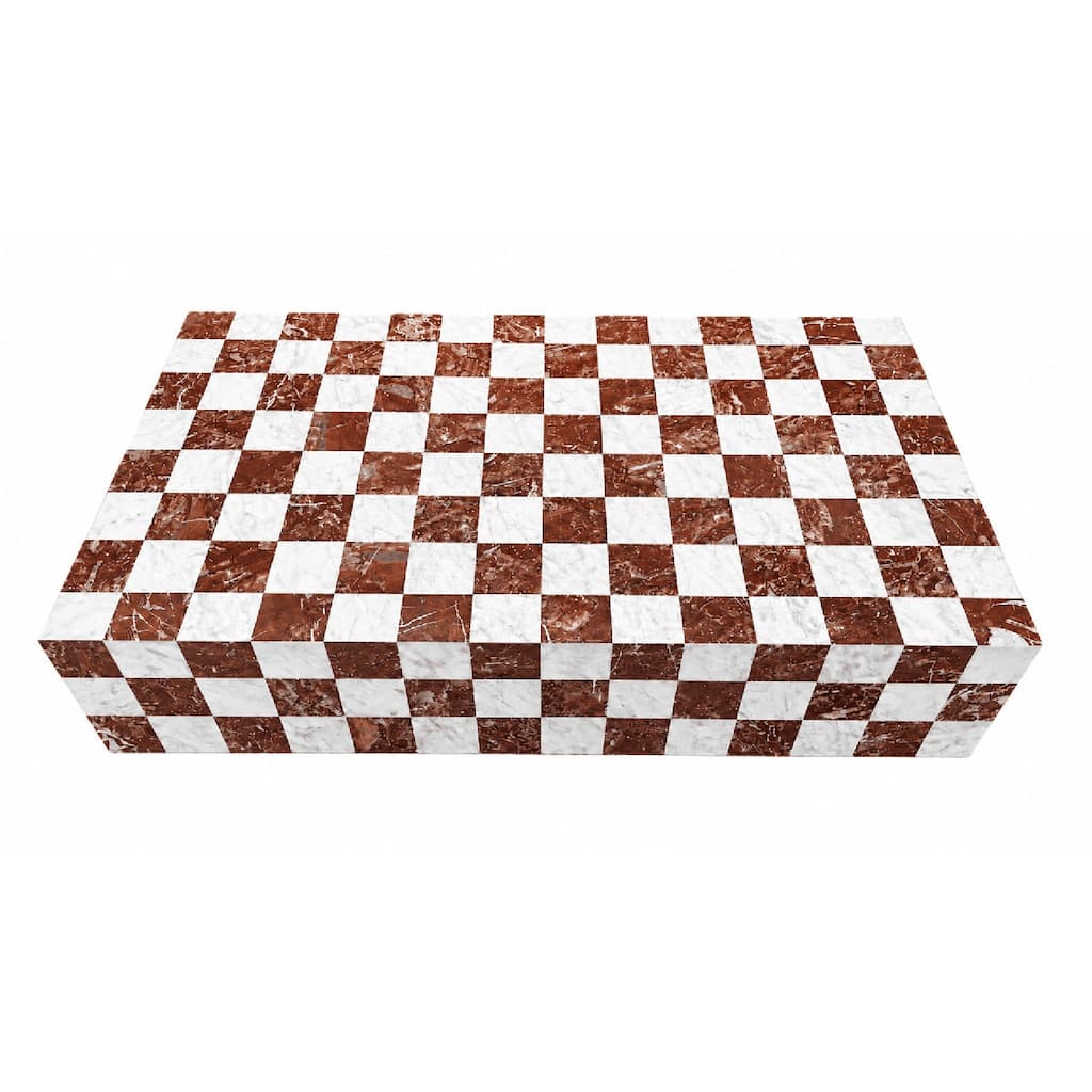 BETACH Genuine Marble Block Coffee Table - Rosso Red/Carrara Marble, 54" Extra Large