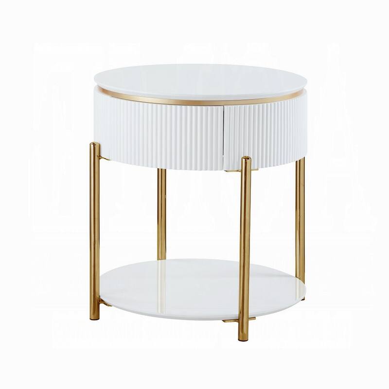 Tyce Side End Table with Drawer, 22 Inch Glossy White, Gold Metal