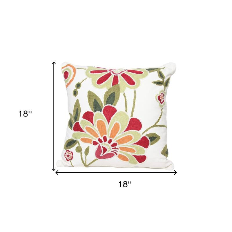 HomeRoots 18"x18" Green and White 100% Cotton Floral Zippered Pillow