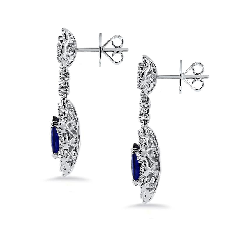 Auriya Fancy 5 3/4ct Royal Blue Sapphire Oval and 1 1/4ctw Dangling Halo Diamond Earrings 18K Gold