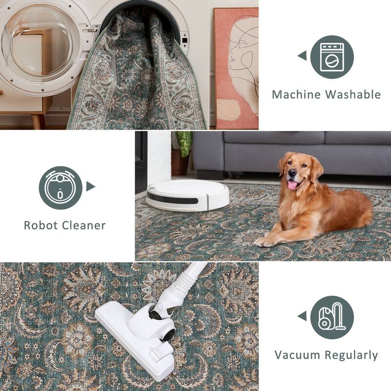 Washable Area Rugs for Living Room Stain Resistant Carpet Vintage Rugs Bedroom Low Pile Non Slip Accent Carpet