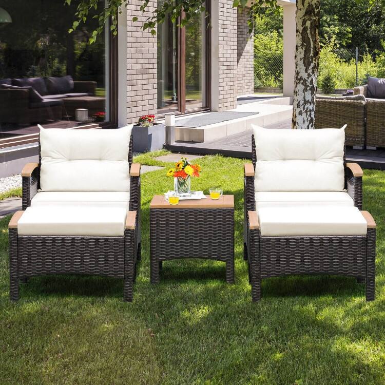 5 Pieces Patio Conversation Set with Cushions Coffee Table and 2 Ottomans - 25" x 24" x 29"
