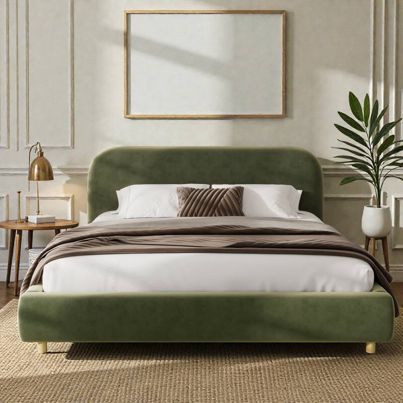 Upholstered Platform Bed with Curved Thick Headboard and Solid Wood Legs, Modern Fabric Bed Frame No Box Spring