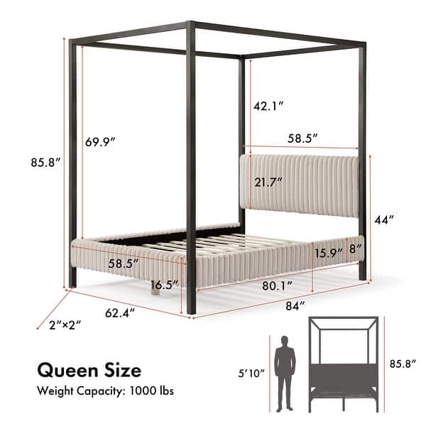 dimension image slide 0 of 2, 247 Shop At Home Modern Metal Canopy Queen Platform Bed with Channel Tufted Upholstered Headboard