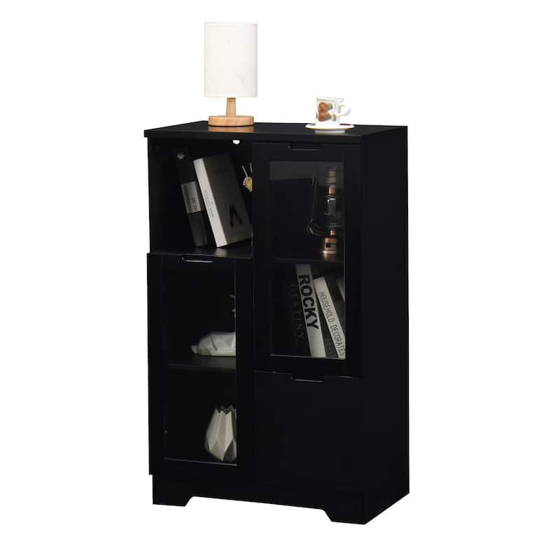 Black Multipurpose Storage Cabinet with Glass Doors Adjustable Shelf Drawer Kitchen Home Office Organizer - N/A