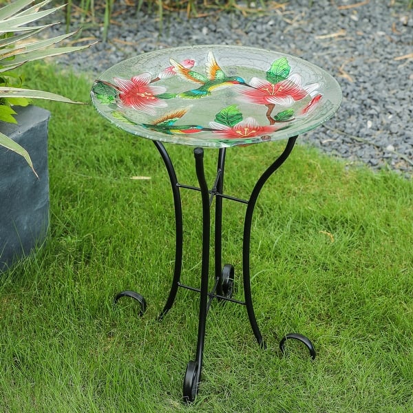 slide 2 of 7, Glass Hummingbird Birdbath with Black Metal Stand