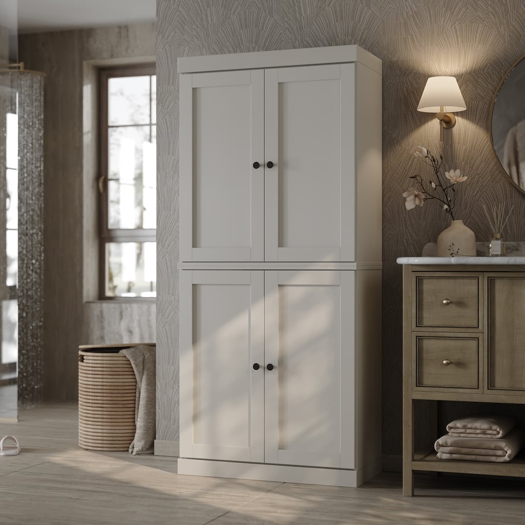100% Solid Wood Tall Freestanding Bathroom Linen Cabinet with Doors, Adjustable Shelves, Modular Storage, 32" W x 71.5" H