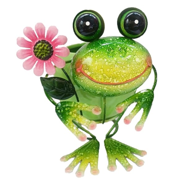 8" Iron Frog with Ceramic Pot Planter - Green