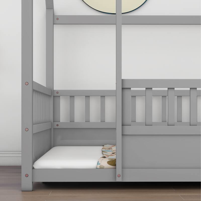 Kids Twin/Full House Bed with Roof Frame, Floor Bed with Fence Guardrails