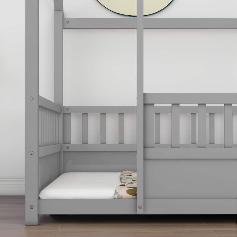 Pine Floor Bed with House Roof & Guardrails