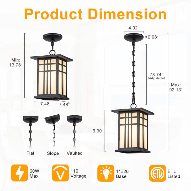 Black Outdoor Pendant Light with White Glass Porch Ceiling Fixture - Dia.7.48-in