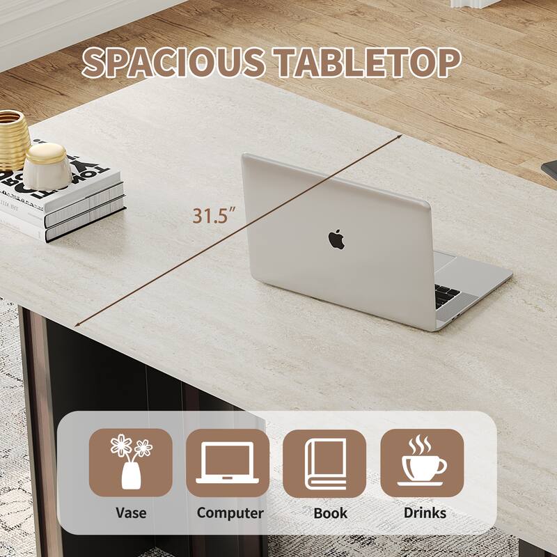 63" Modern Rectangular Writing Desk, Travertine Sintered Stone Top, Stainless Steel Double Base