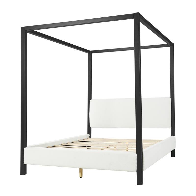 Christopher Knight Home - Mid-Century Modern Bouclé Upholstered Metal Canopy Bed Frame with Padded Headboard