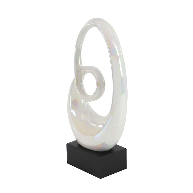 Sleek Ceramic Swirl Abstract Sculpture with Black Wooden Base - Silver or White