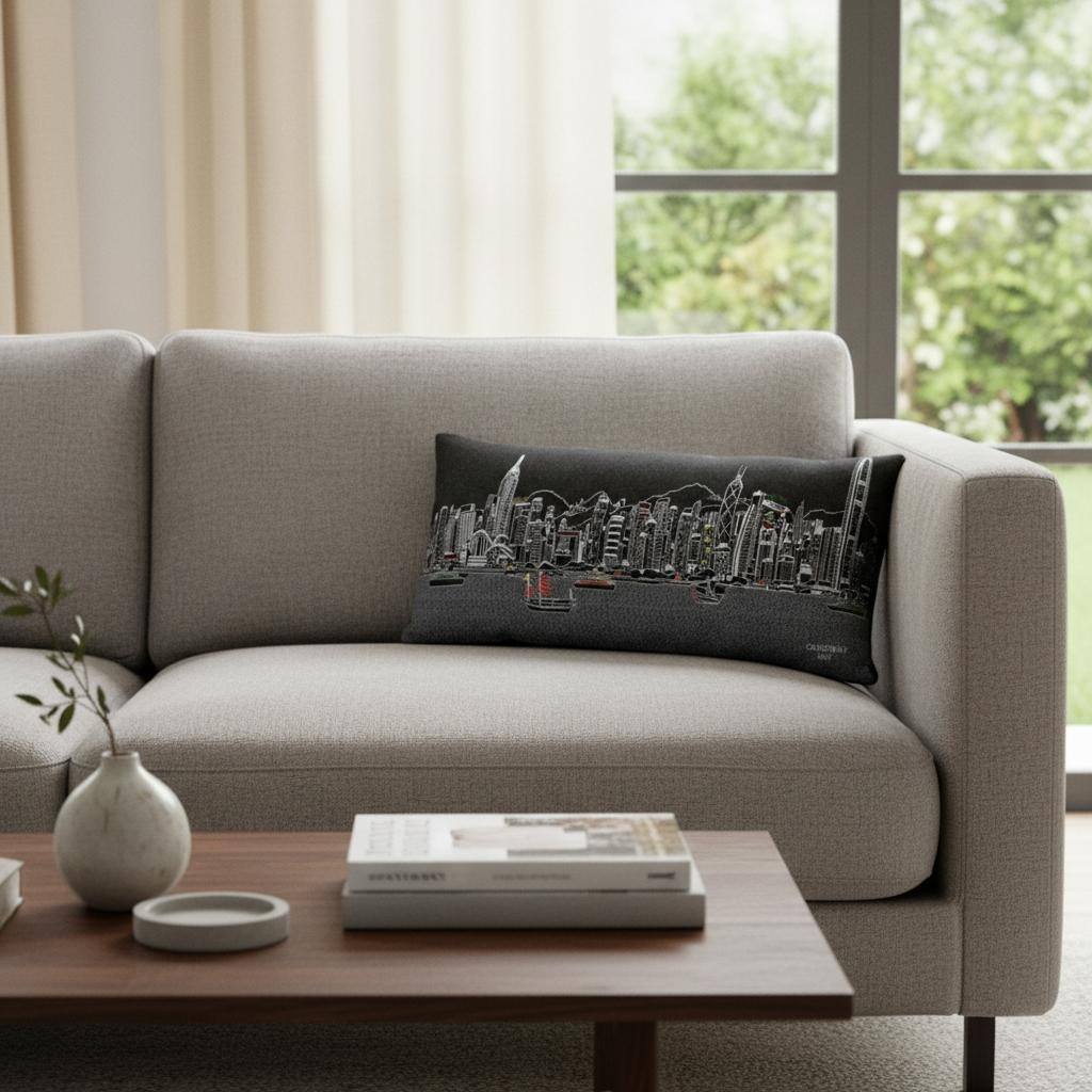 HomeRoots 14" X 35" Dark Gray And White Hong Kong Nighttime Skyline Lumbar Decorative Pillow