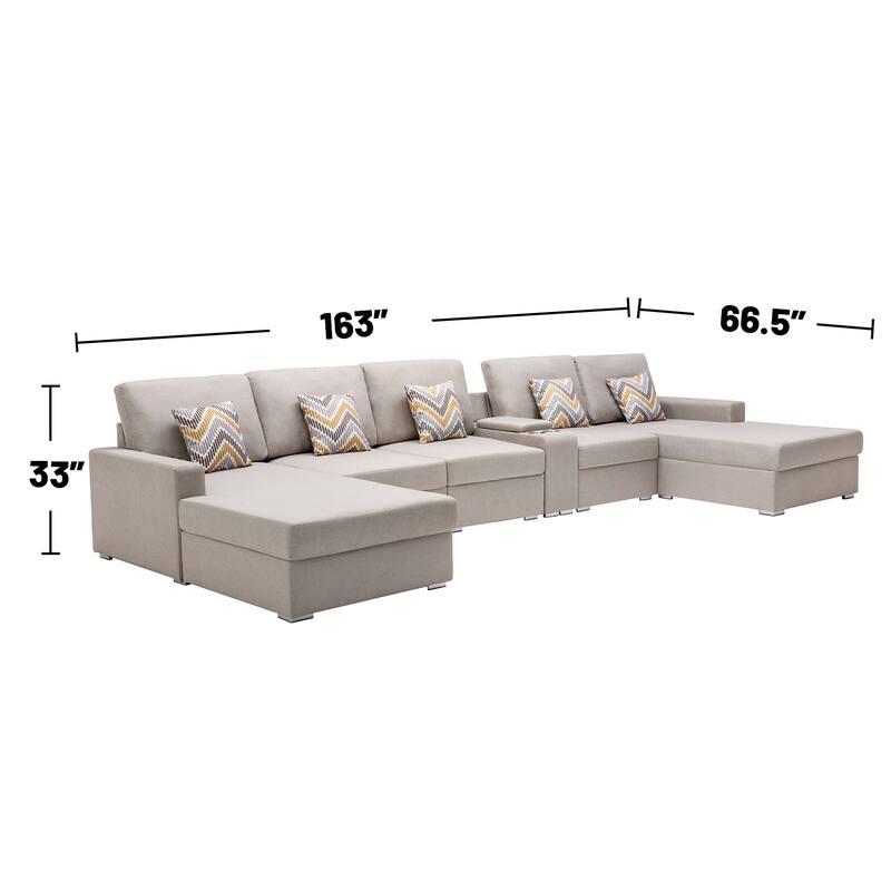 Linen Fabric 6 Piece Double Chaise Sectional Sofa with Storage Console Table and 5 Pillows