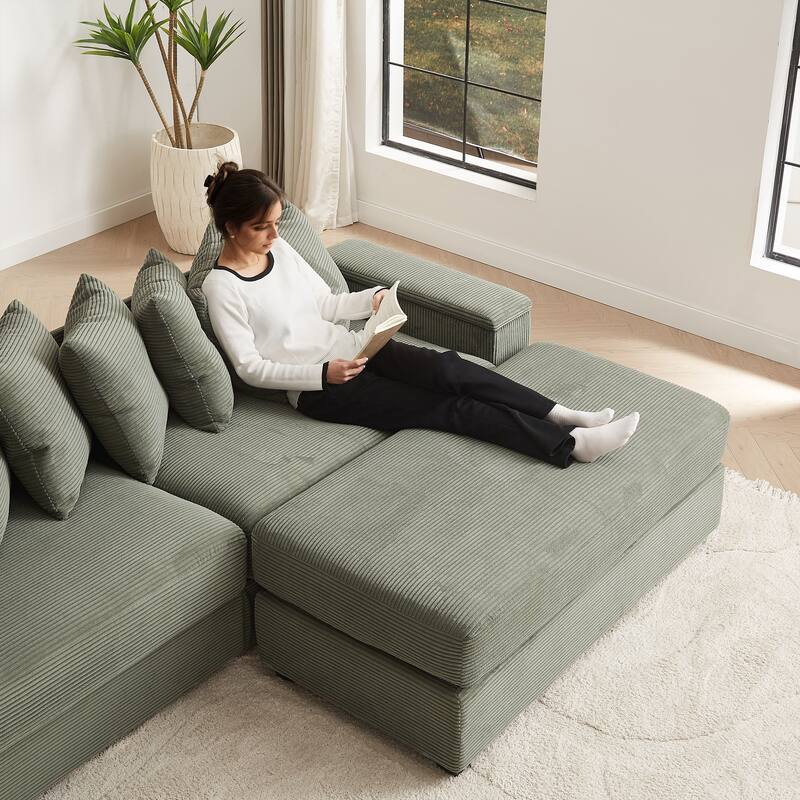 GDFStudio - Peregrine L-Shaped Corduroy Sectional Sofa with Pillows and Armrest Storage