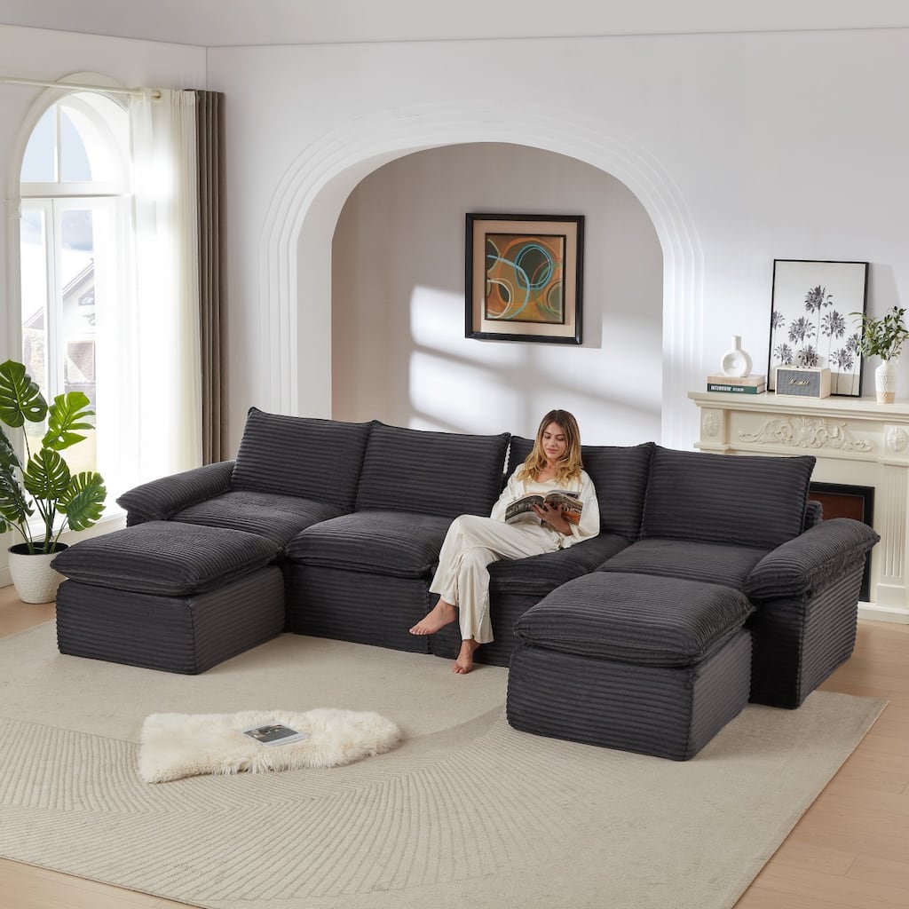 141.74" Modern Comfy Sectional Corduroy Sofa with Two Ottomans
