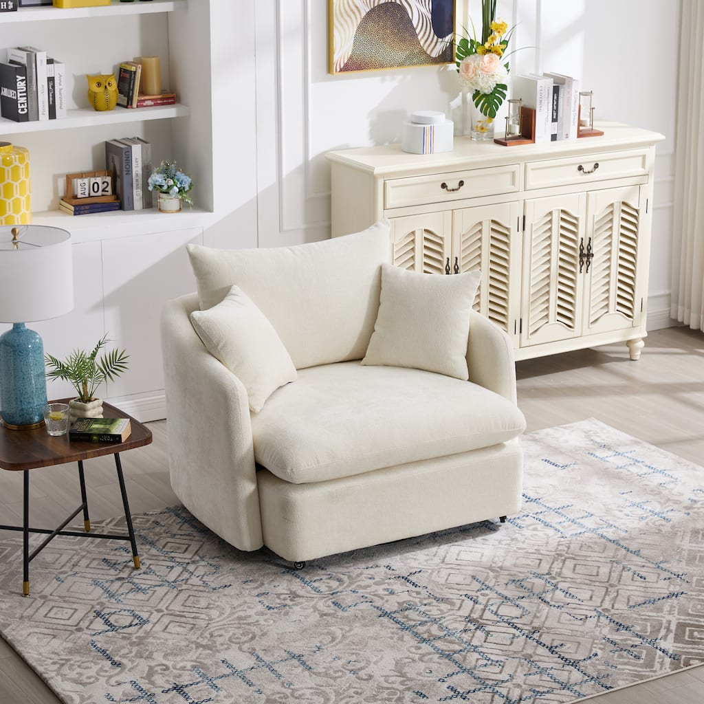 Swivel Chair Sofa Armchair with 3 Pillows, Stylish Side Chair Beige Upholstered Chair Vanity Chair Reading Chair