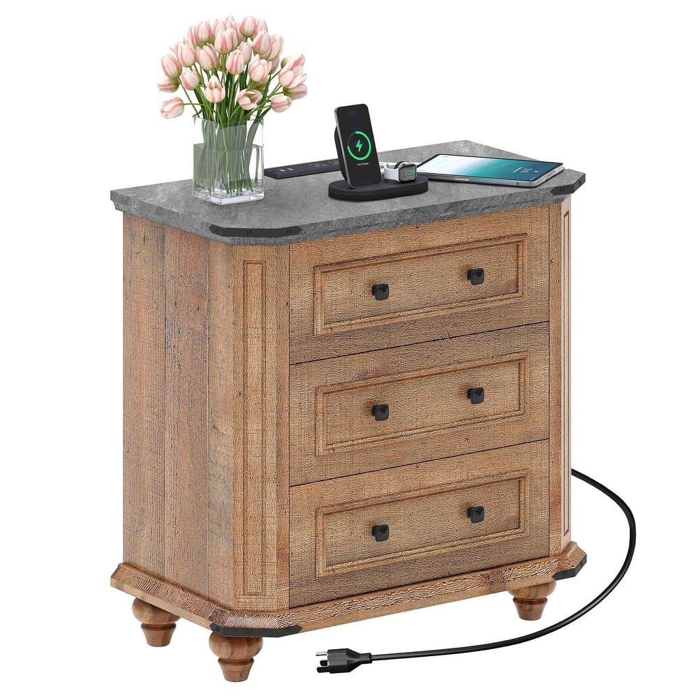 Moasis 3 Drawer Farmhouse Nightstand with USB Ports and Outlets , Bedside Table & End Table for Bedroom